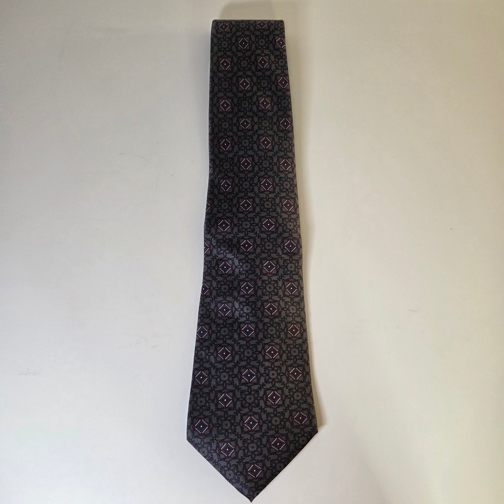 Christian Dior Mens Silk Tie Grey Burgundy Blue Geometric Medallion Italy Fabric - Picture 2 of 6